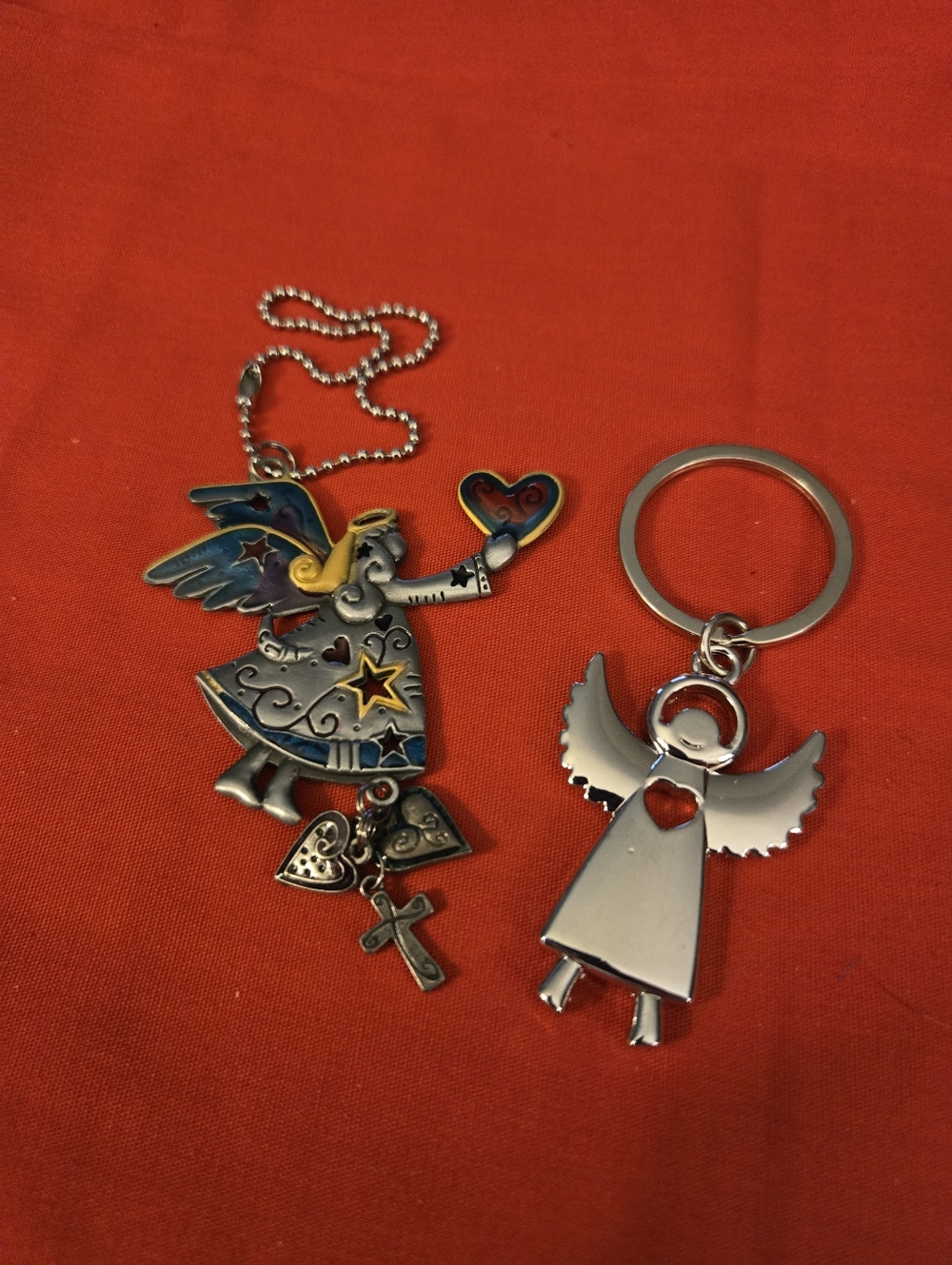 Angel Pendant Necklace and Angel Keychain - Silver with Multicolor Accents